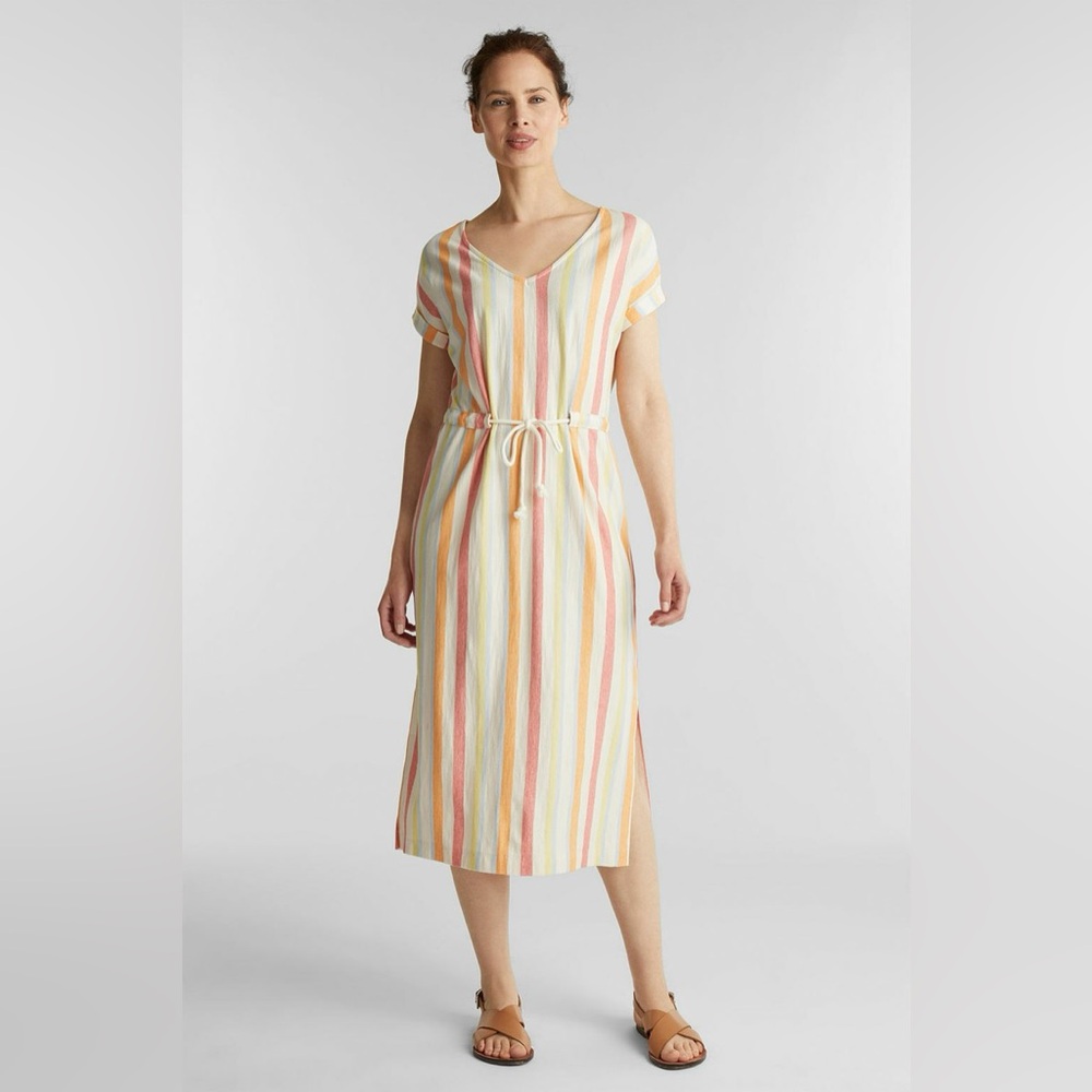 Esprit linen cotton blend tie waist dress rainbow